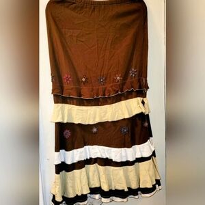 Cordelia Tiered Boho Flower Beaded Brown And Tan Maxi Skirt Size S Cottage core